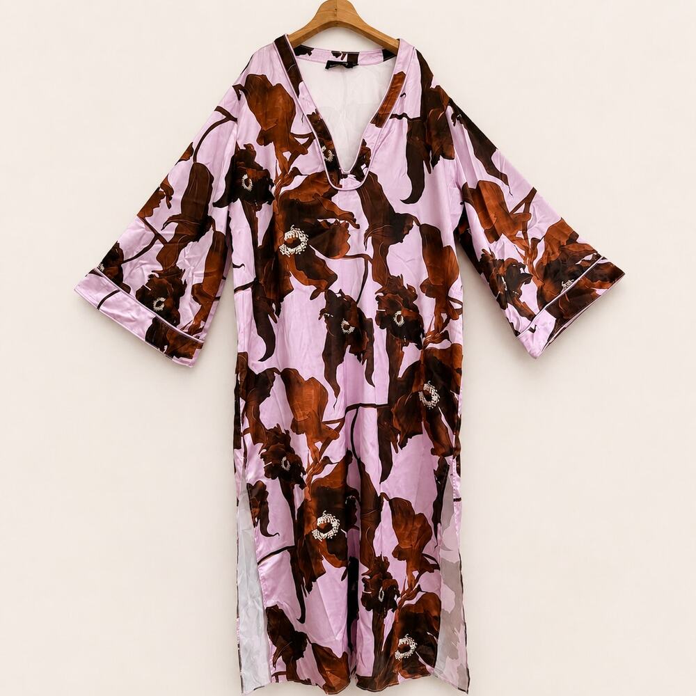 Nova Luxe Maximalist Satin Floral Caftan Maxi Dress 1X Deep V Resortwear Vacay